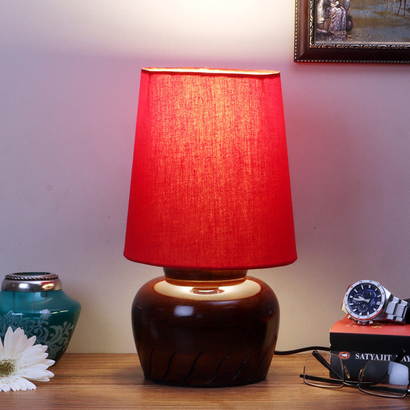 Wooden Table Lamp | Bedside Lamp | Brown & Red