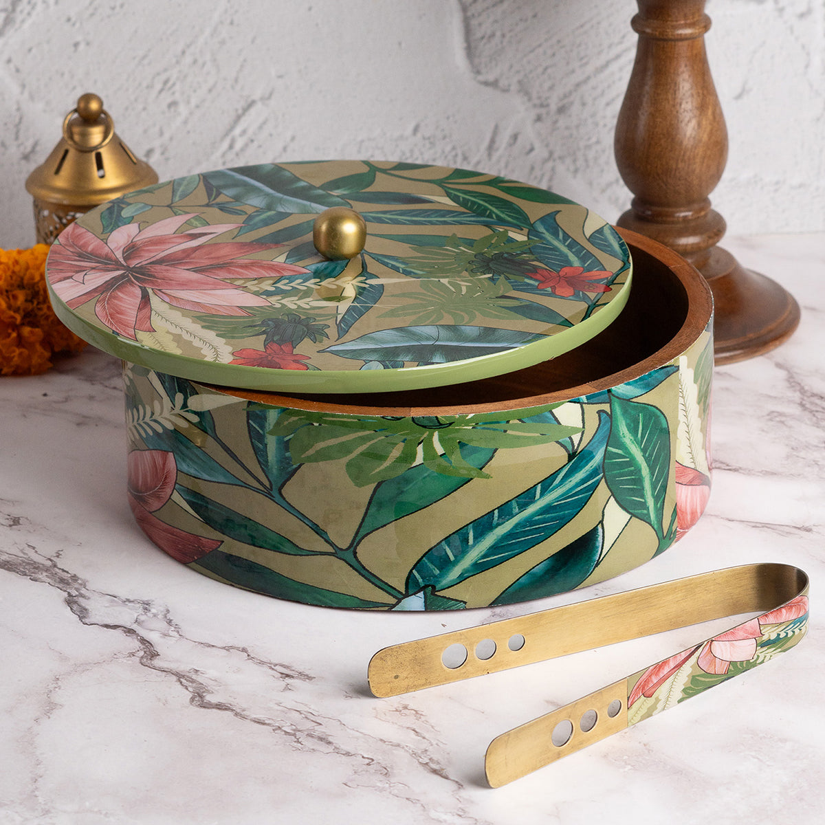 Wooden Chapati Box with Tong | Green | 22 cm By Nestroots