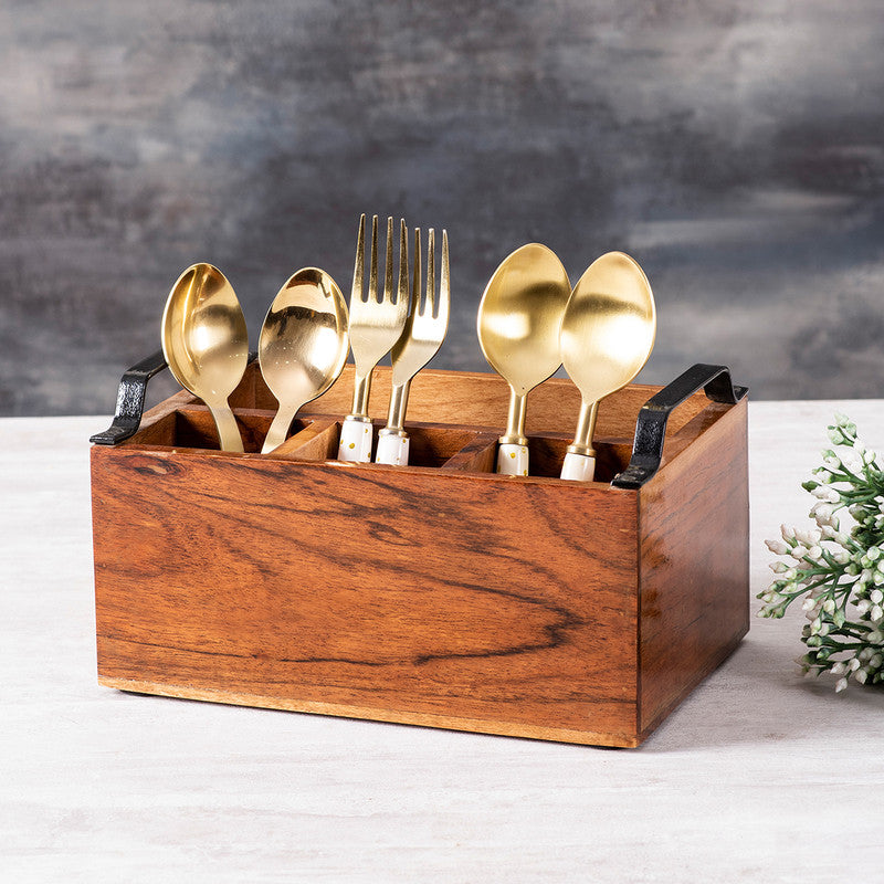 Wooden Cutlery Holder | Acacia Wood | Brown By Nestroots