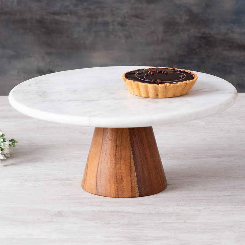 Marble & Wooden Cake Stand | Brown & White By Nestroots