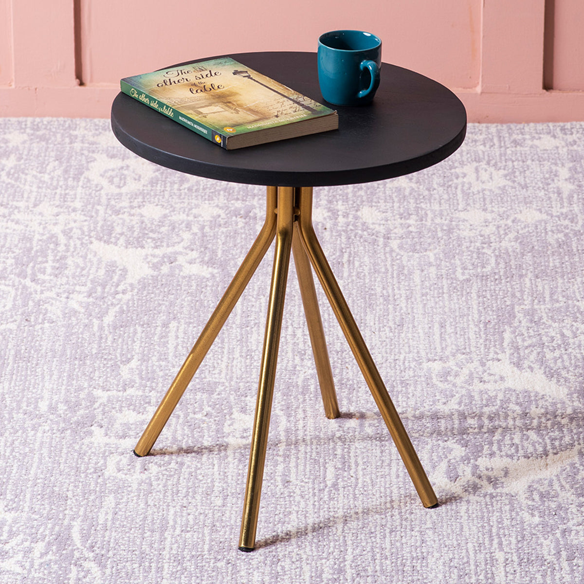 Iron & Wooden Side Table | Black & Gold | 14 inches