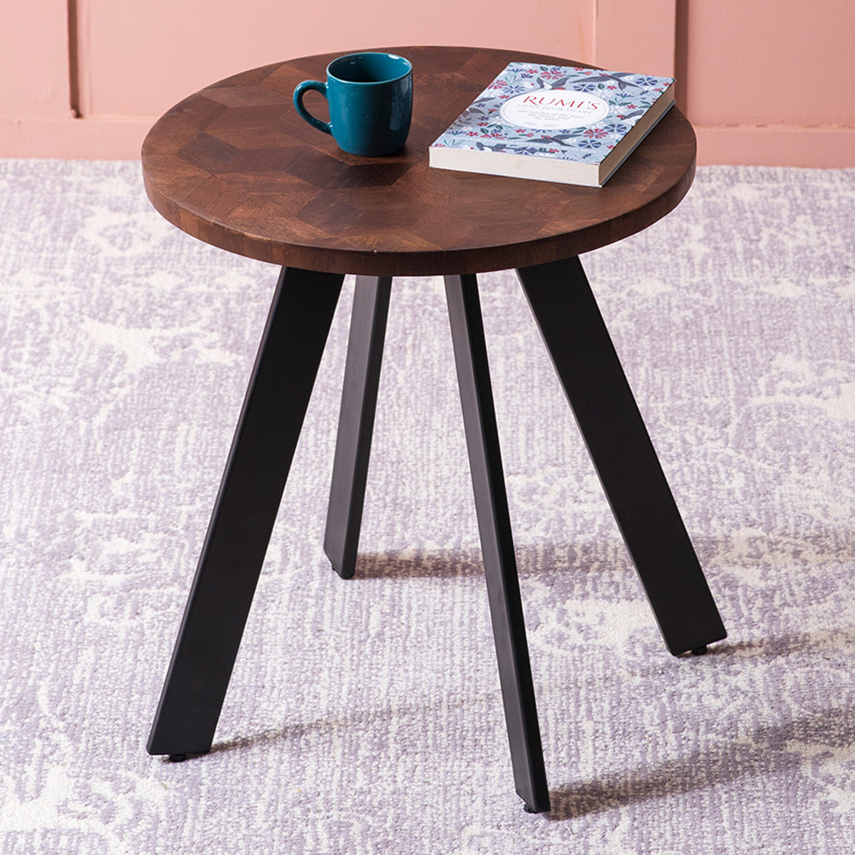 Iron & Wooden Side Table | Dark Brown & Black | 15 inches