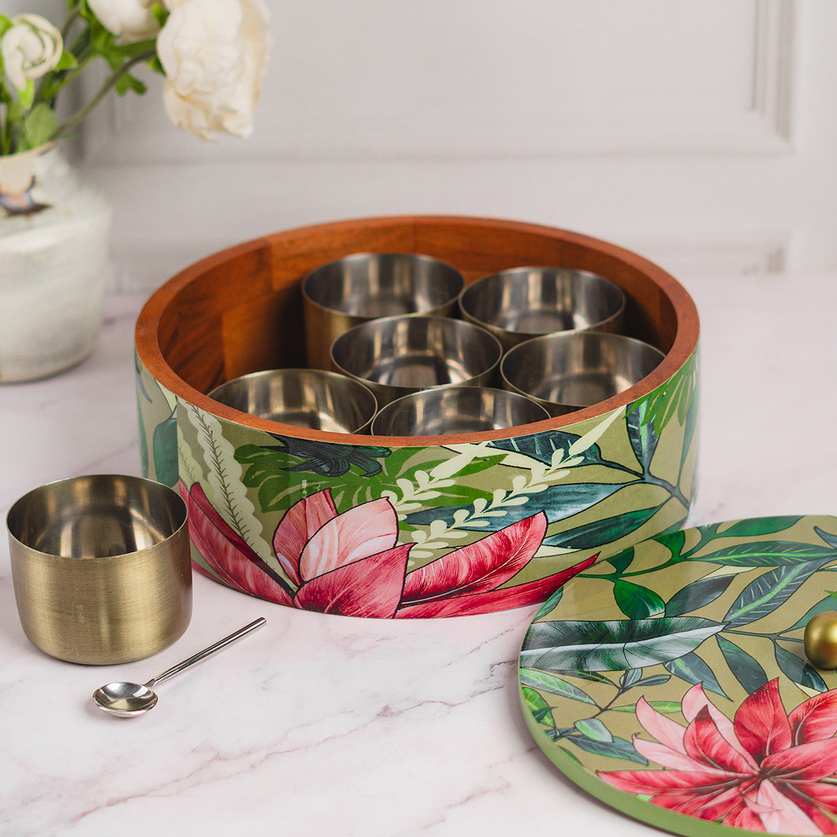 Wooden Masala Dabba | Green | 22 cm By Nestroots