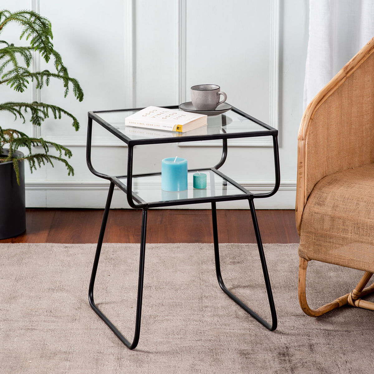 2 Tier Side Table | Iron & Glass | Black | 45 cm By Nestroots