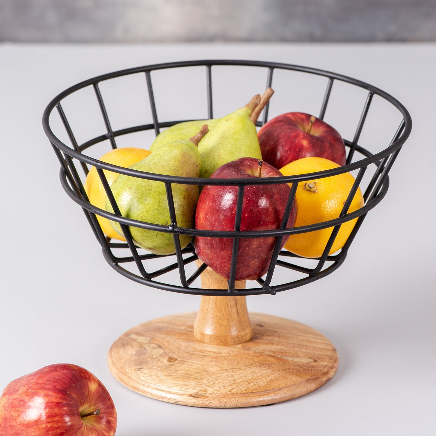Iron & Mango Wood Attractive Basket with Wooden Stand | Black