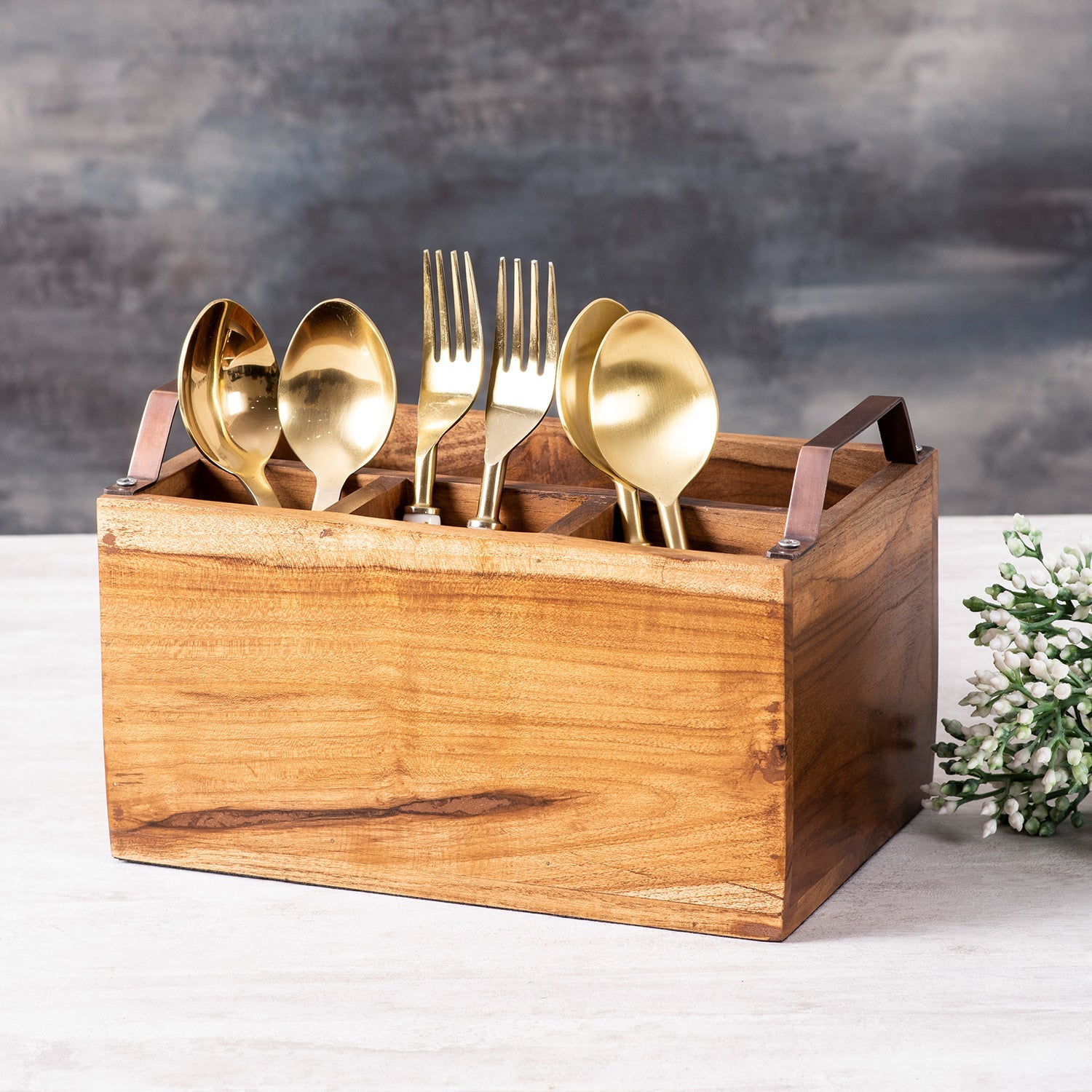 Teak Wood & Iron Teak Wood Cutlery Holder | Brown & Copper