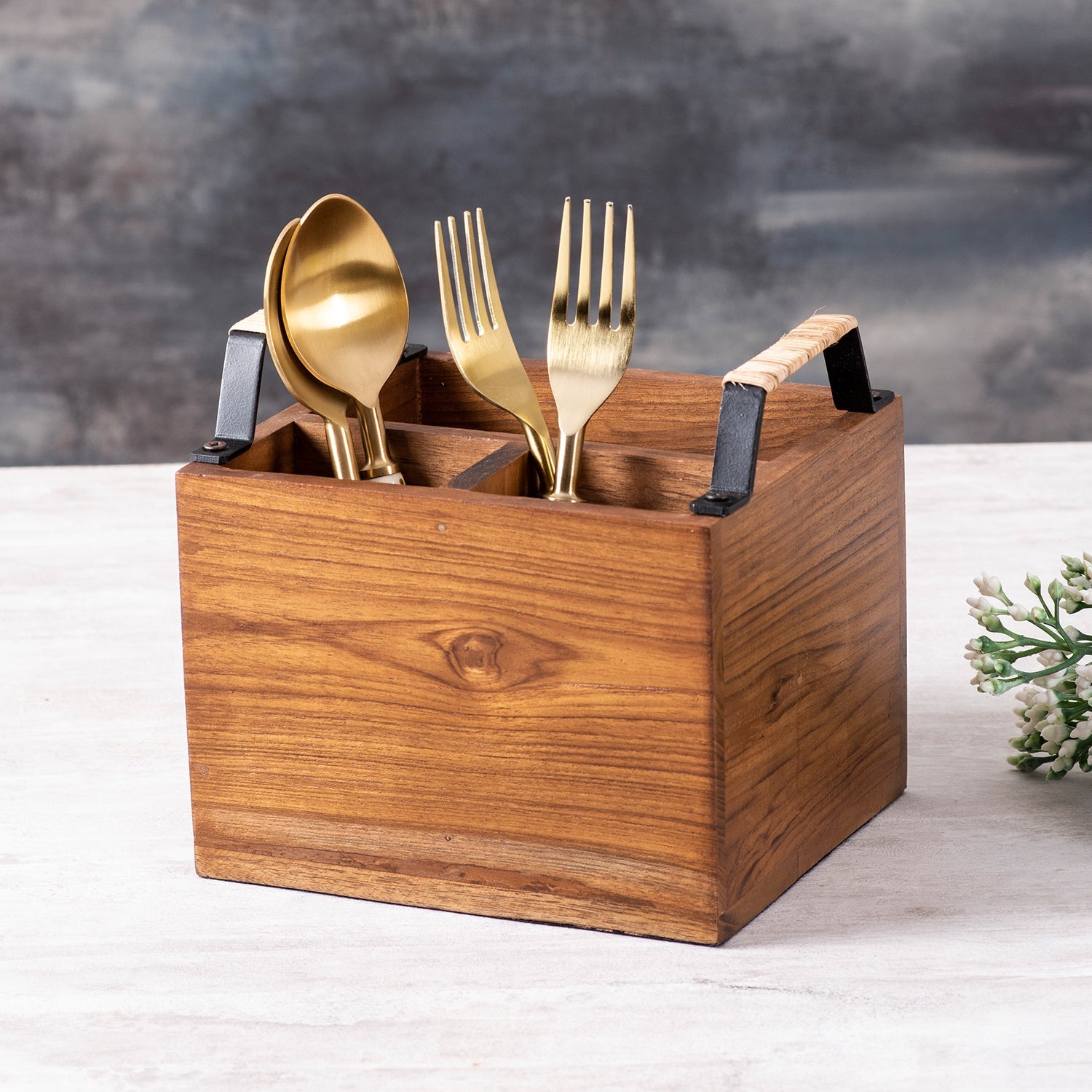 Teak Wood & Iron Teak Wood Cutlery Holder with Cane | Brown & Black By Nestroots