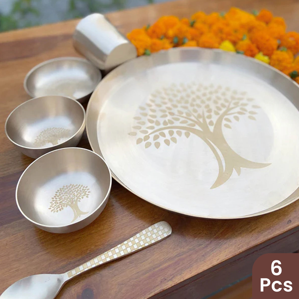 Bronze Dinner Set | Kansa Thali Set | Tree Design | Gold | 6 Pcs