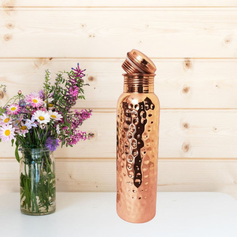 Copper Bottle With Cleaning Brush | Hammered | 1 Litre