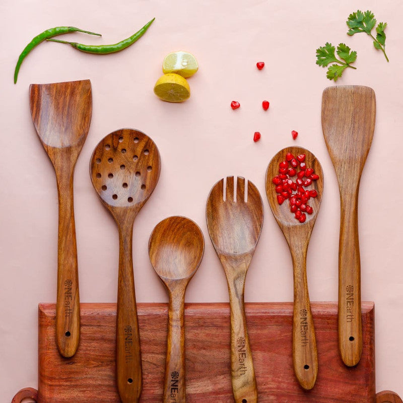 Wooden Spatula Set | Cooking & Serving Spoons | Brown | Set of 6 By Onearth