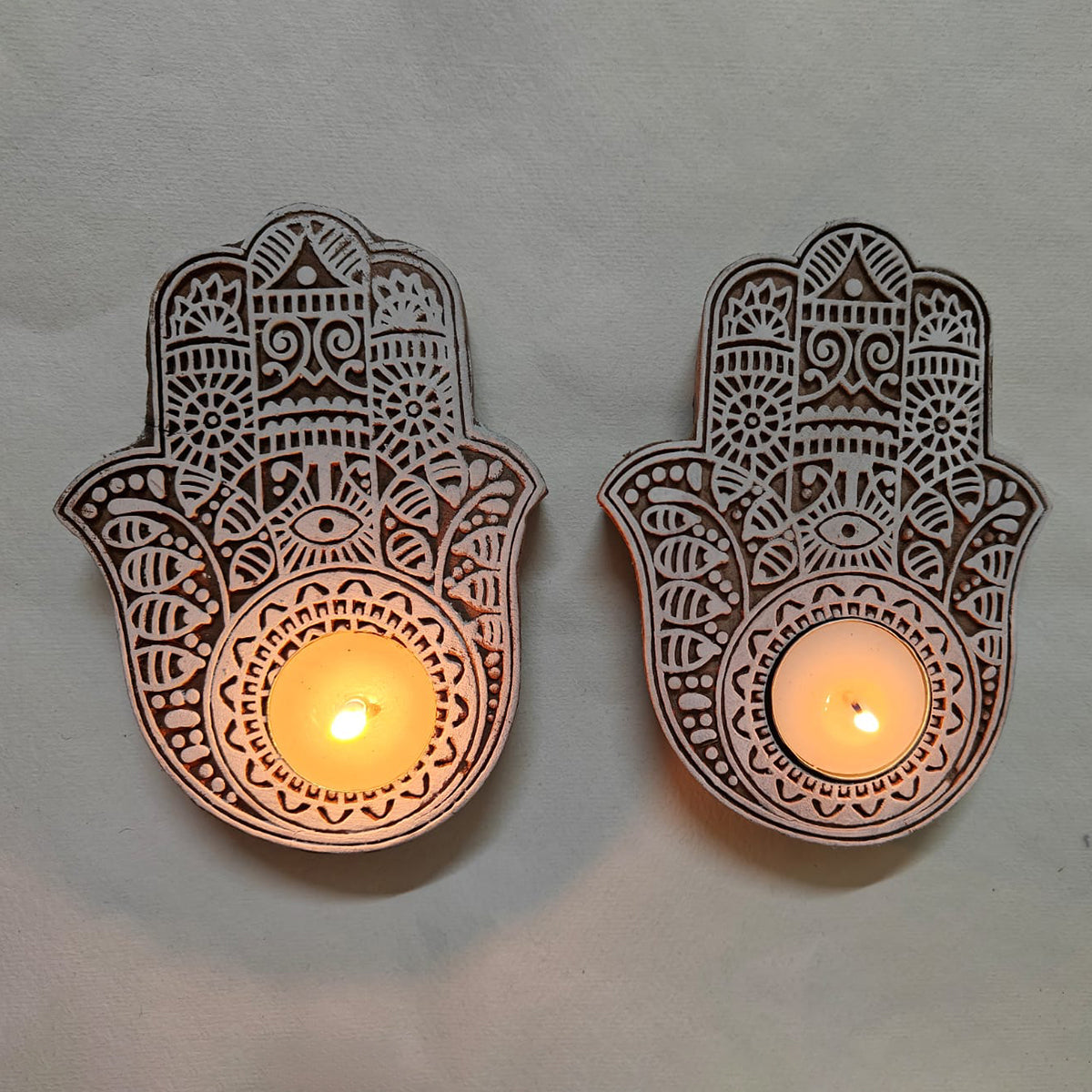Wooden Tea Light Holders | Hand Hamza Design | Brown & White | 5 inches | Set of 2 By Onearth