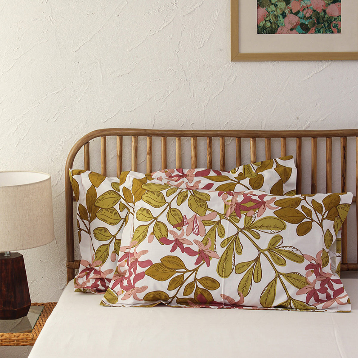 Cotton Pillow Covers | Leaf Print | Pink | Set of 2
