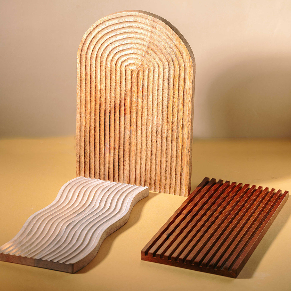 Wooden Serving Platter | Striped Design | Brown & White | Set of 3 By Araana Home
