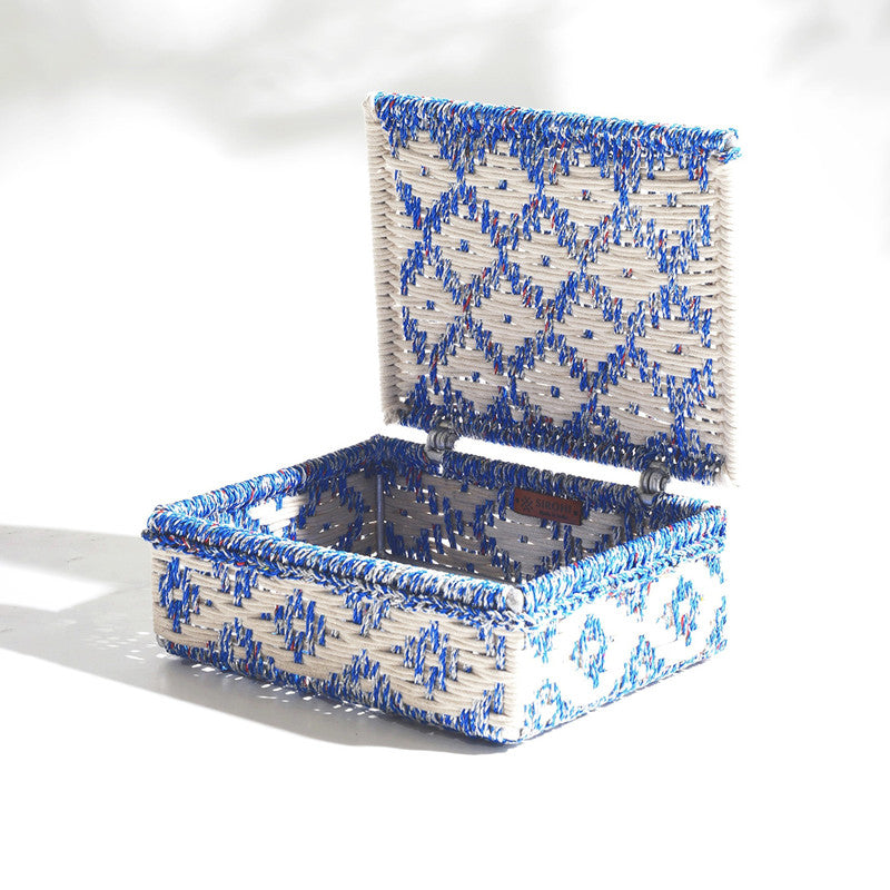 Upcycled Plastic Storage Box | Cotton & Metal | Blue & White By Sirohi