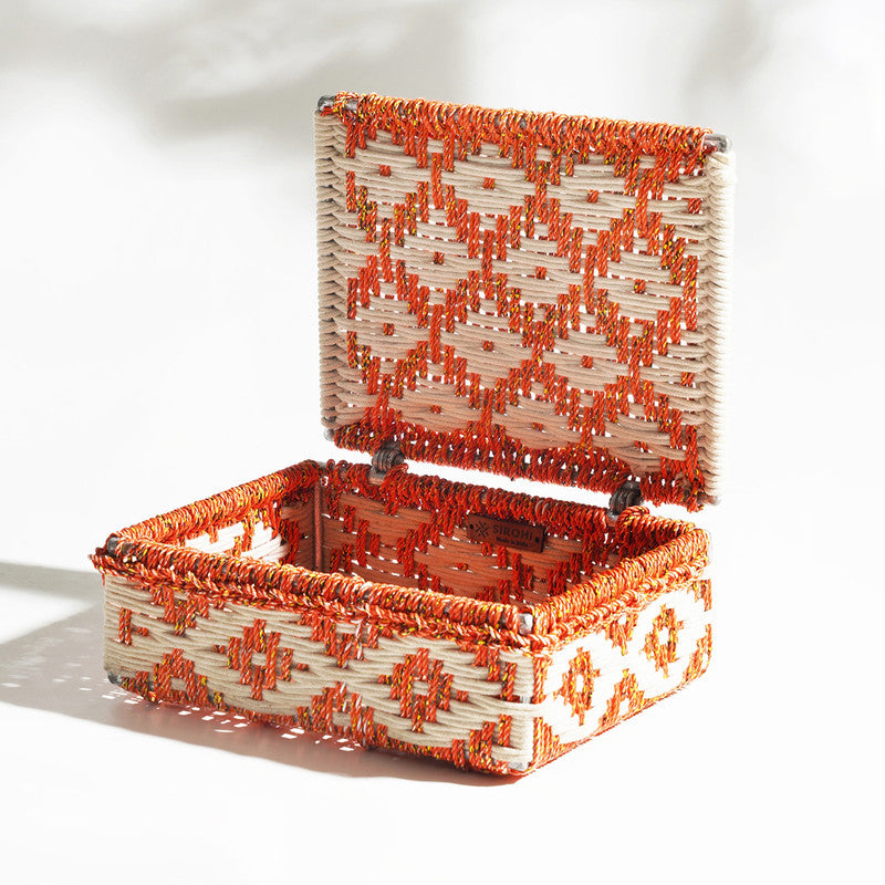 Upcycled Plastic Storage Box | Cotton & Metal | Orange & White By Sirohi
