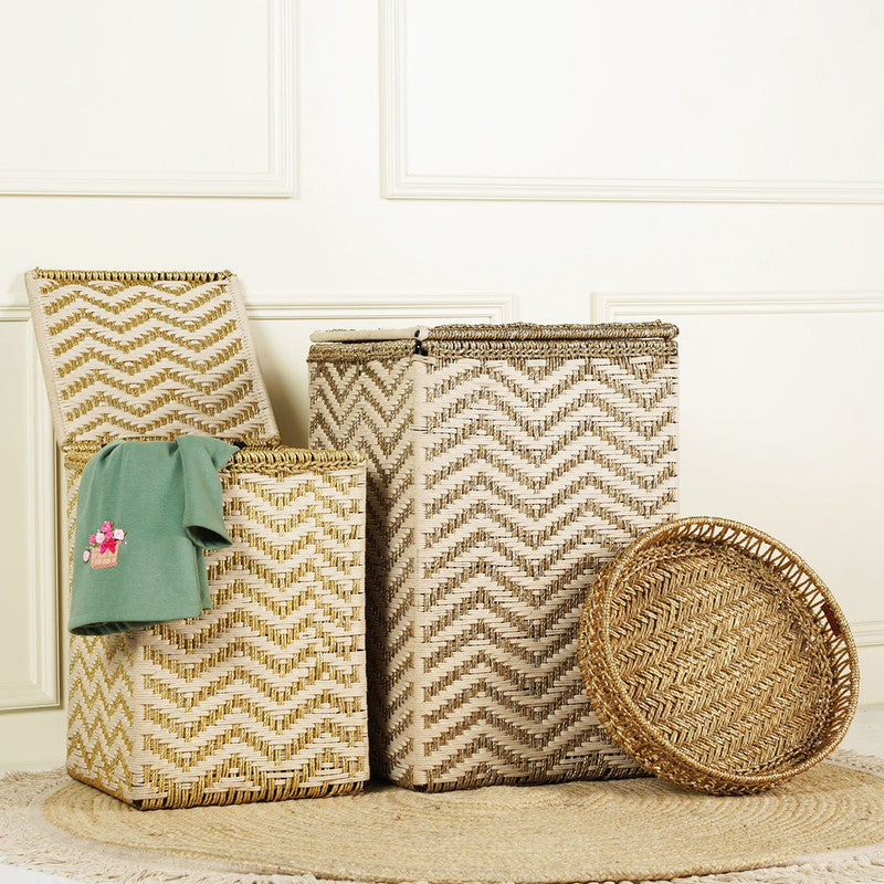 Upcycled Plastic Laundry Basket & Tray Combo | Moonj Grass | Set of 3