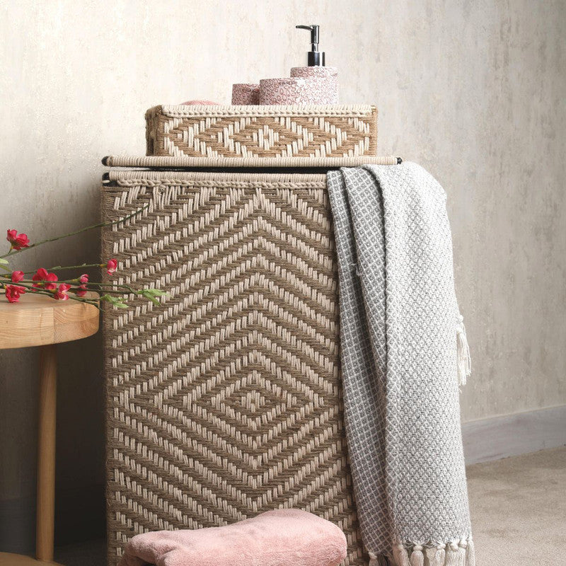 Jute Laundry Basket & Tray Combo | Metal & Cotton | Brown | Set of 4