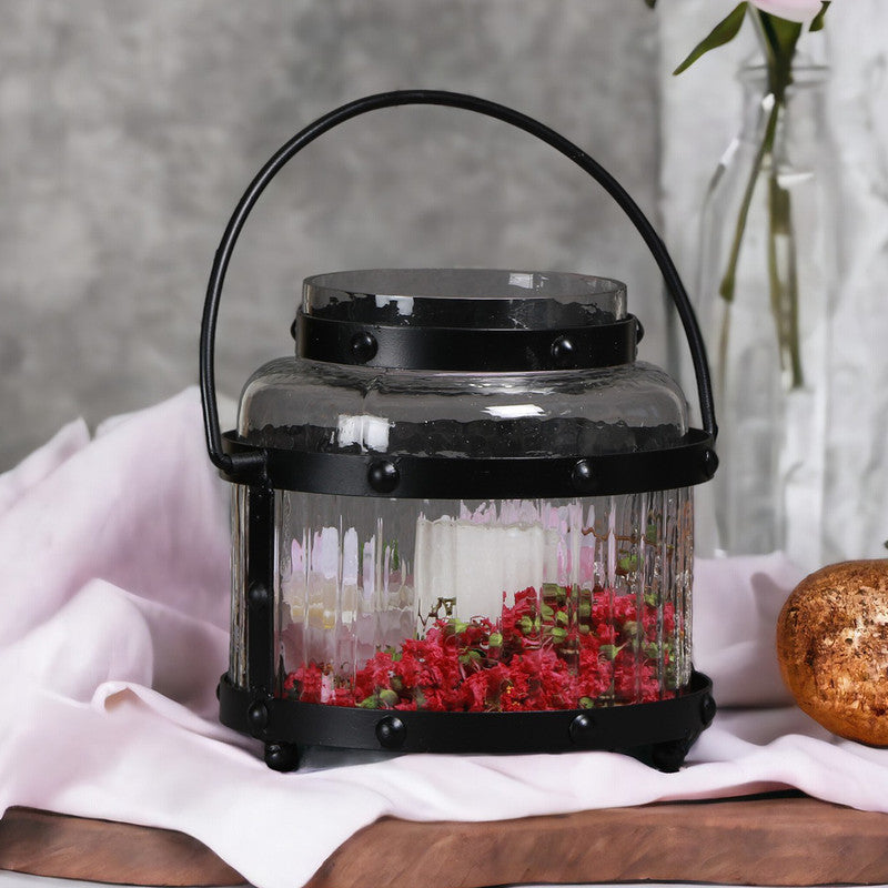 Glass & Iron Lantern Decorative | Tea light Candle Holder Stand | 14 inch