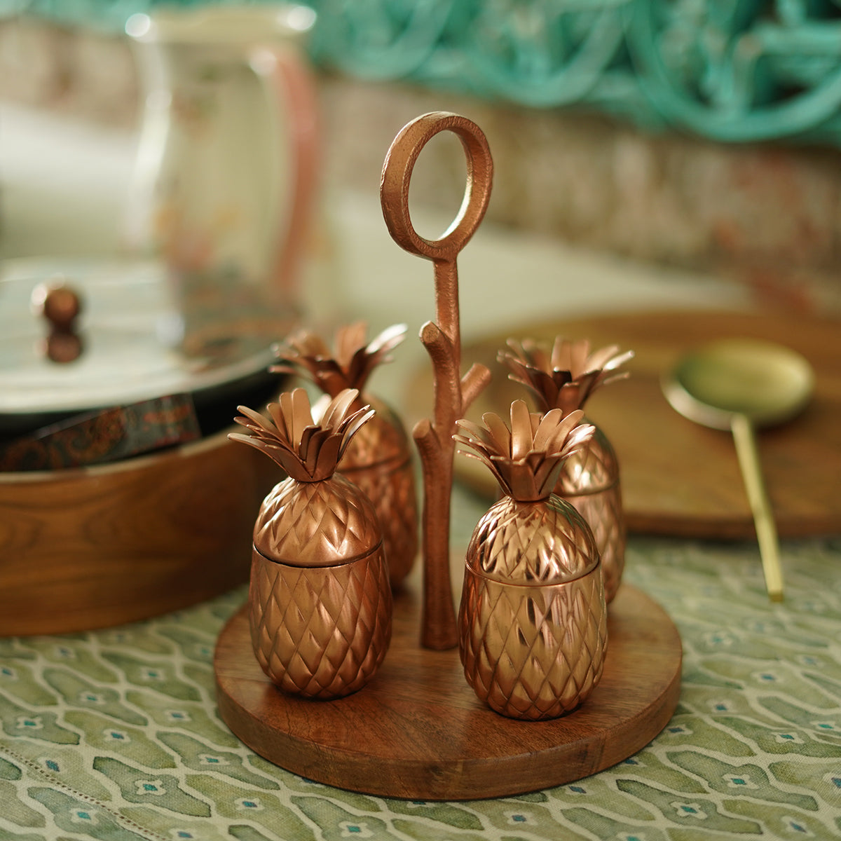 Copper Finish Condiment Set | Pineapple Shape | 4 Pieces By Manor House