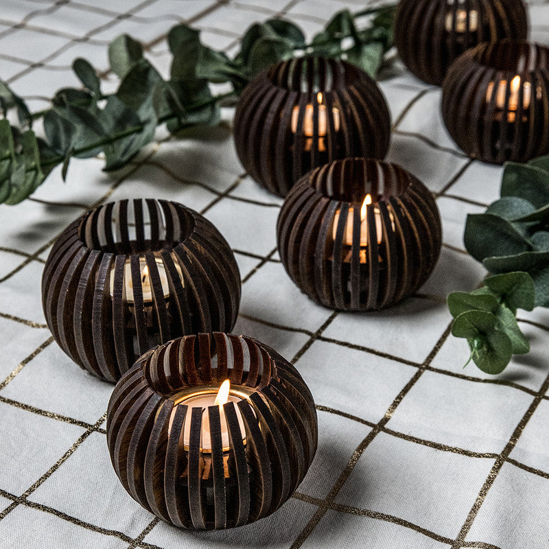 Pine Wood T-Light Candle Holder | Dark Brown | Set of 6