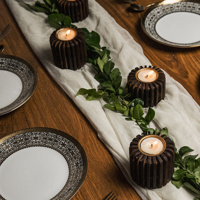 Pine Wood T-Light Candle Holder | Brown | Set of 4
