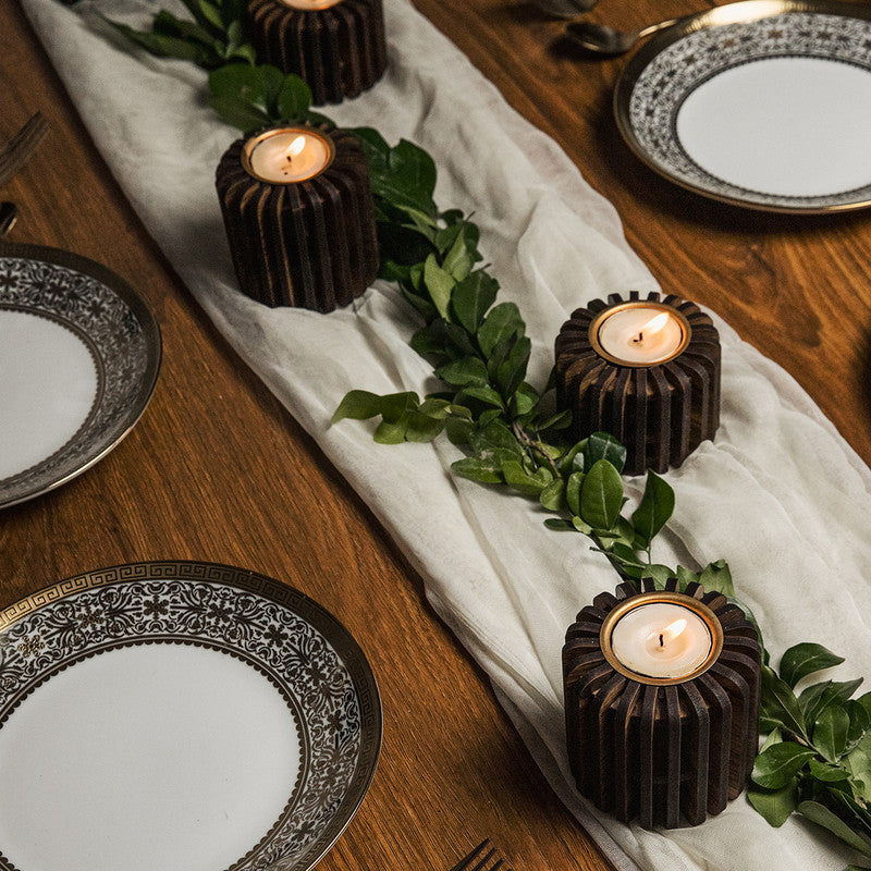 Pine Wood T-Light Candle Holder | Sharp Cut | Brown | Set of 6