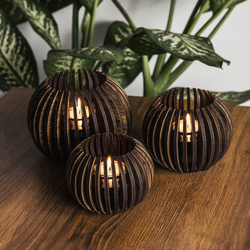 Pine Wood T-Light Candle Holder | Dark Brown | Set of 3 By Think Artly
