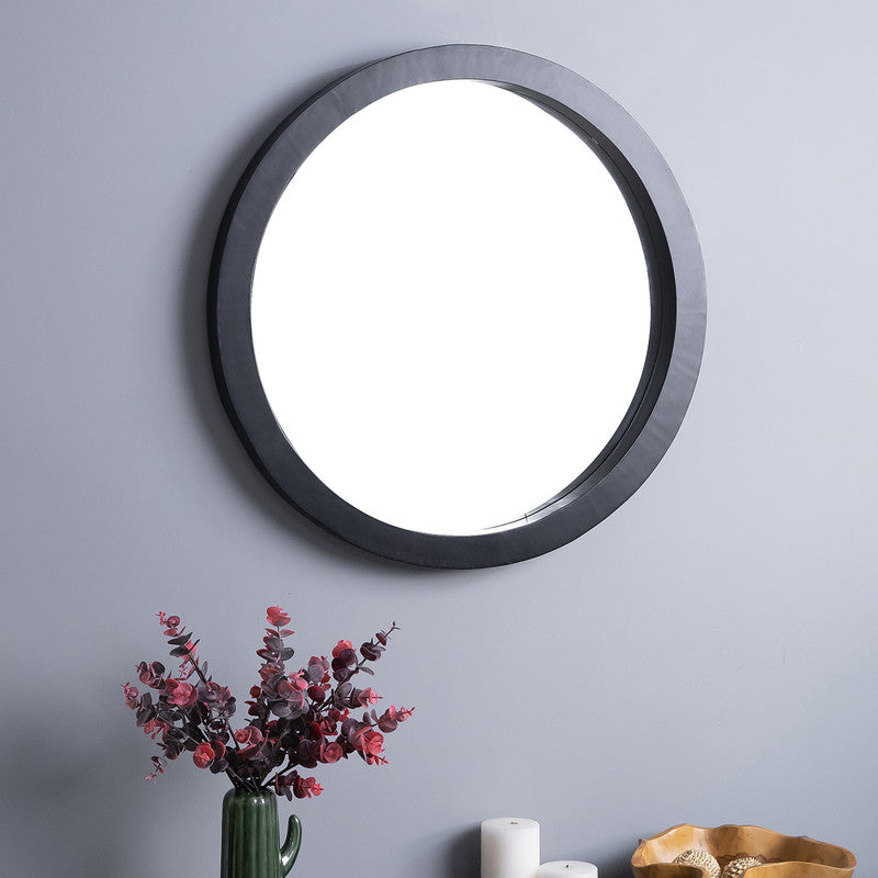 Wooden Designer Mirror | Round Shape | Black Frame | 24 x 24 inches