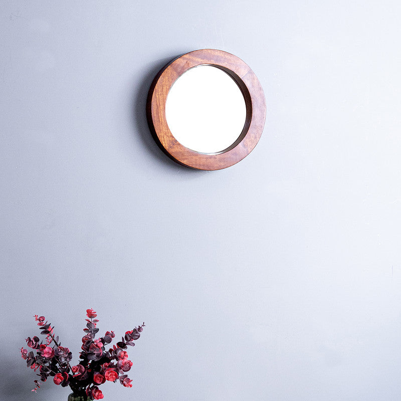 Wooden Designer Mirror | Round Shape | Brown Frame | 12 x 12 inches