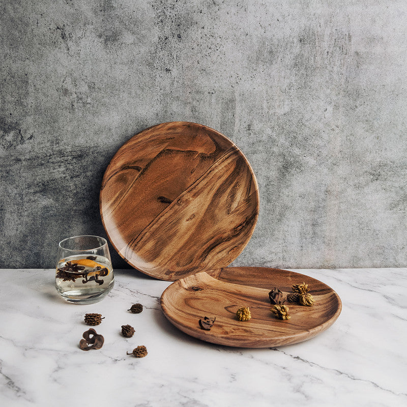 Wooden Plates | Serving Plates | Acacia Wood | Medium | Set of 2 | Dia-10 inch