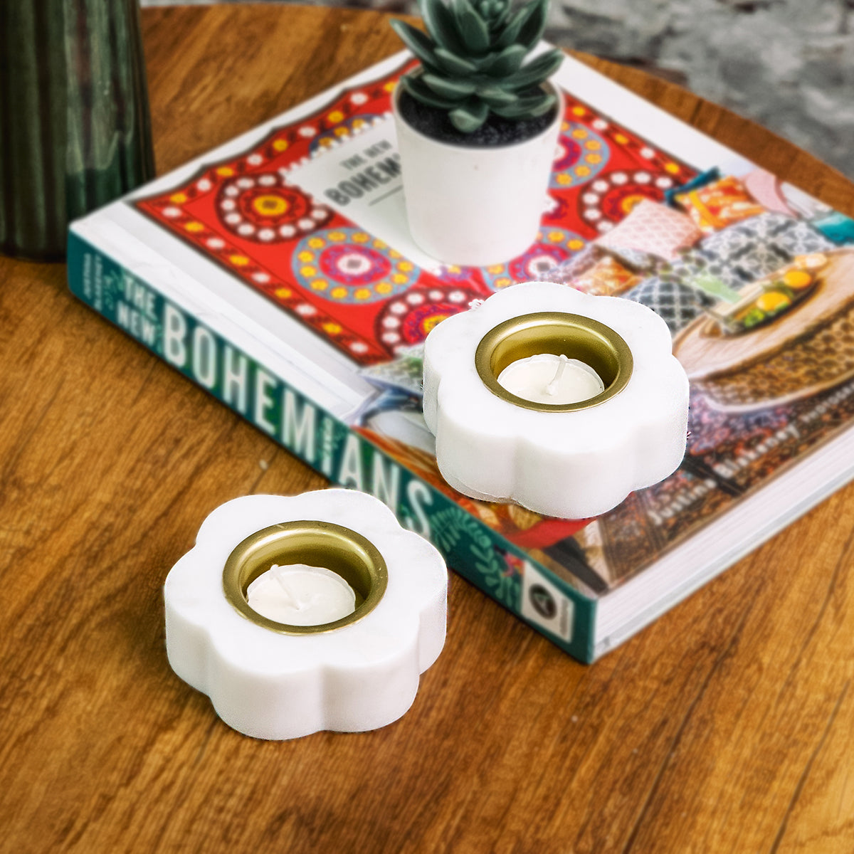 Marble Tea Light Candle Holder | Floral Design | Set of 2