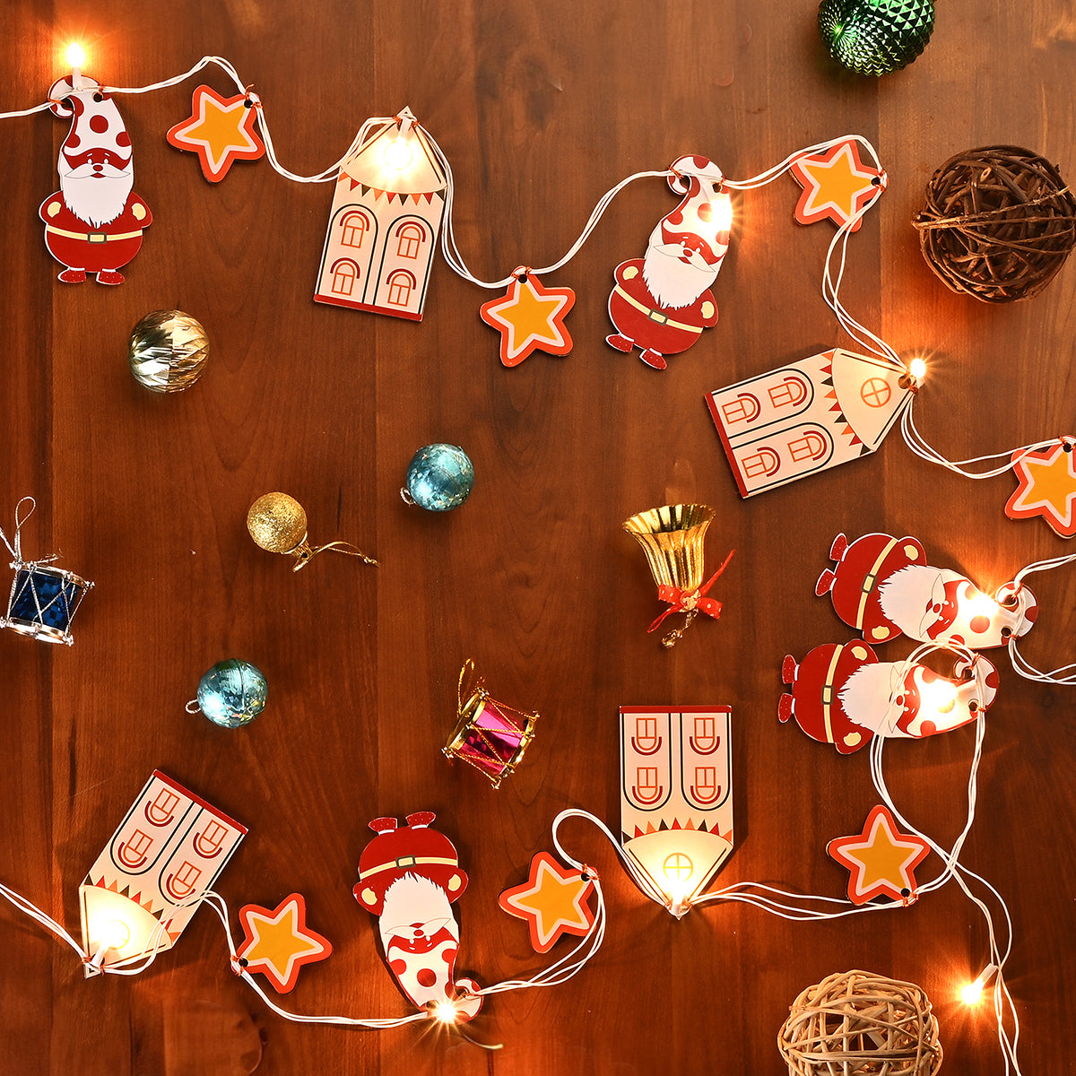 Decorative Light Bunting | Birch Wood | Santa House Star Design | Multicolour | 118 inches