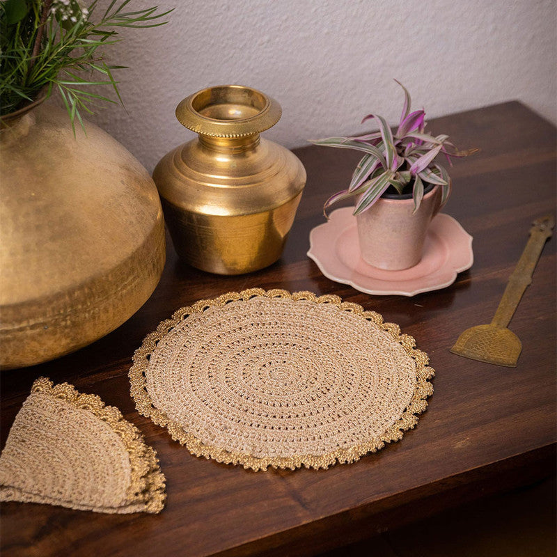 Handmade Brown Crochet Ziba Round Placement Mat Set of 2 By Samoolam