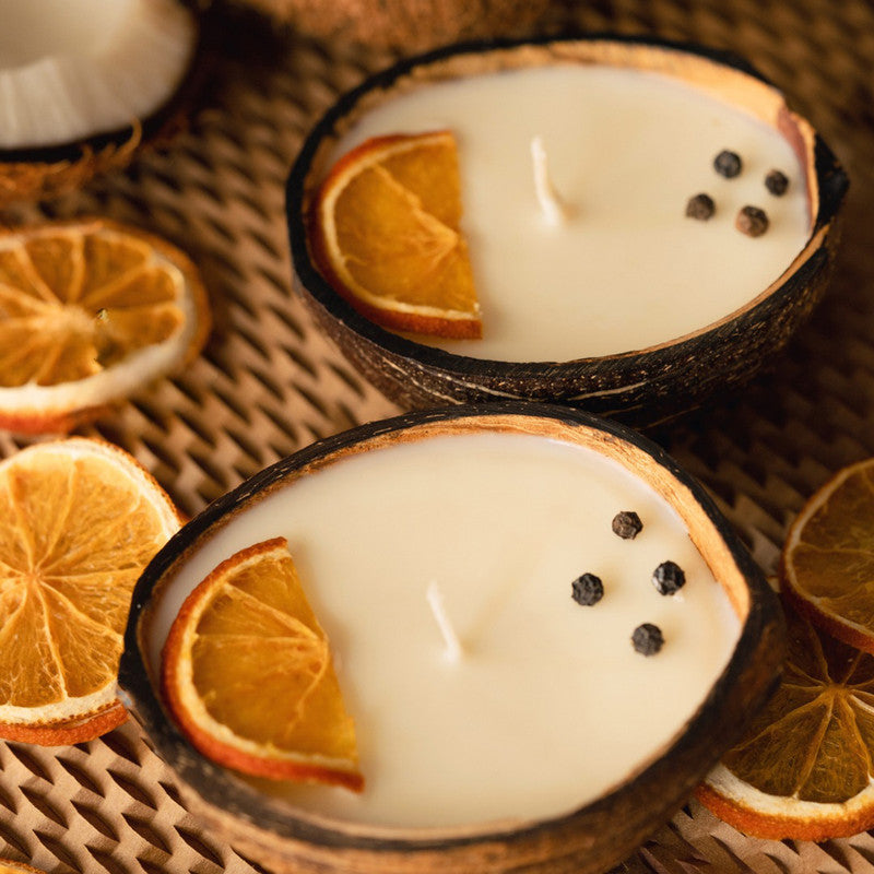 Coconut Shell Soy Wax Scented Candle | Orange & Pepper | 100 g | Set of 2 By Thenga