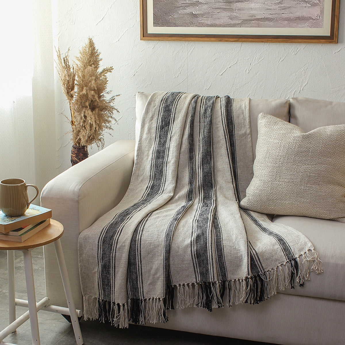 Cotton Throw Blanket | Striped | Black/Natural