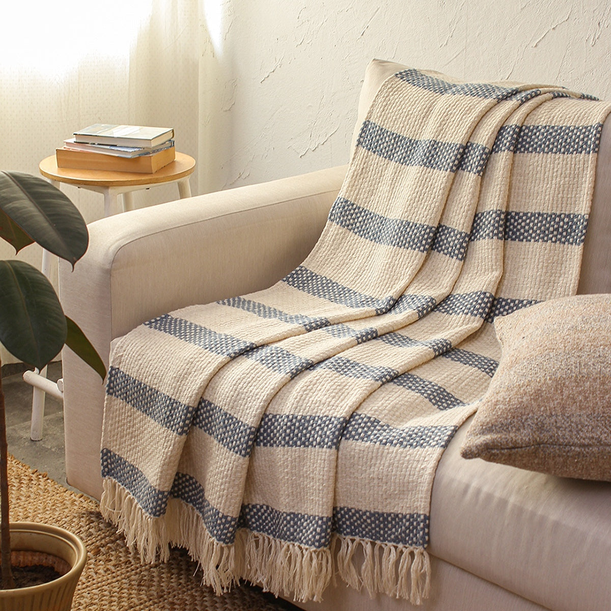 Cotton Throw for Sofa | Striped | Dark Blue By House This