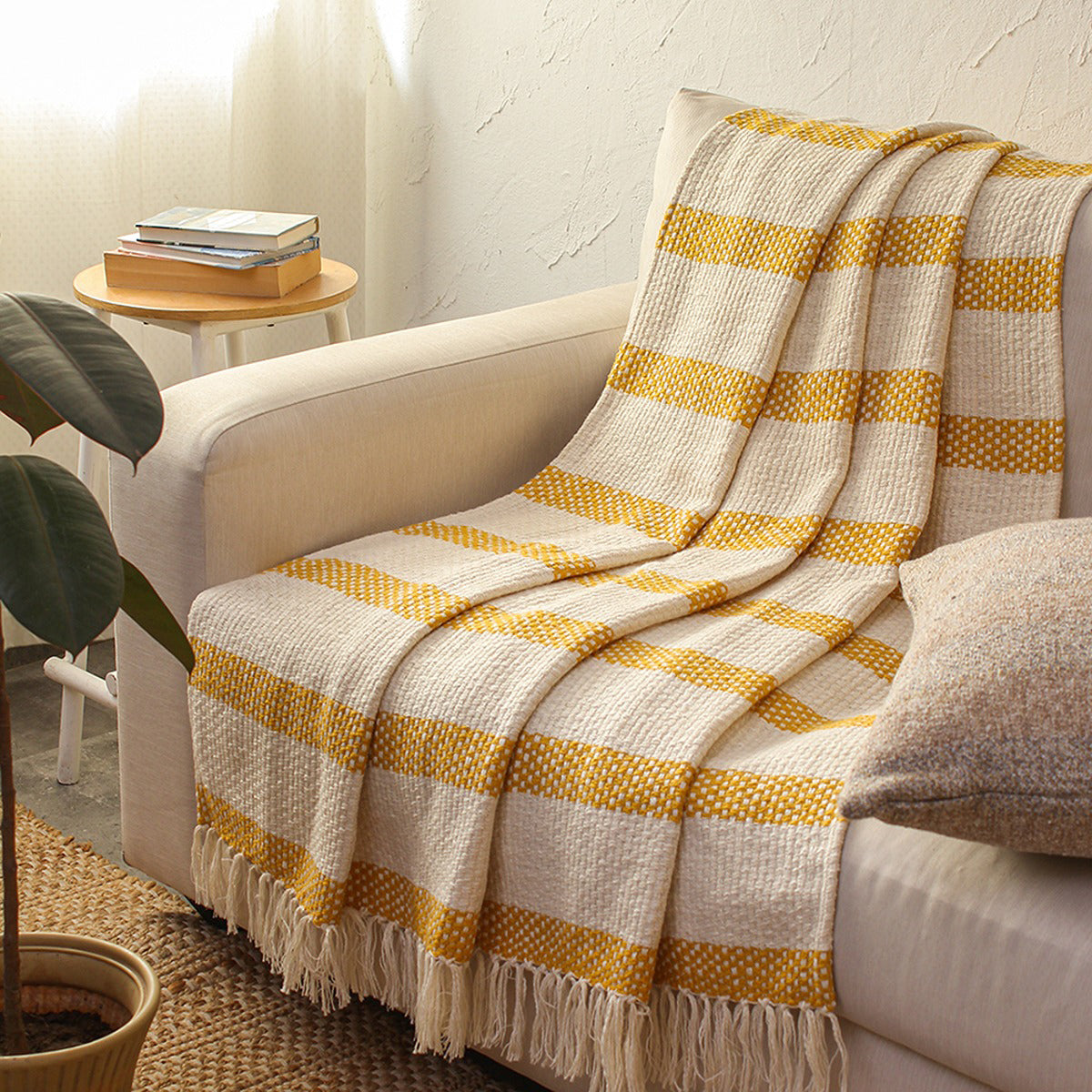 Cotton Throw Blanket | Woven Design | Yellow By House This