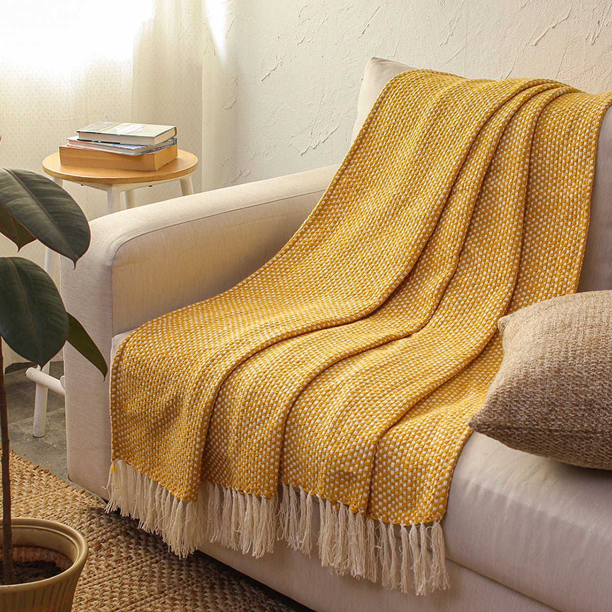 Cotton Sofa Throw Blanket | Woven Design | Yellow By House This