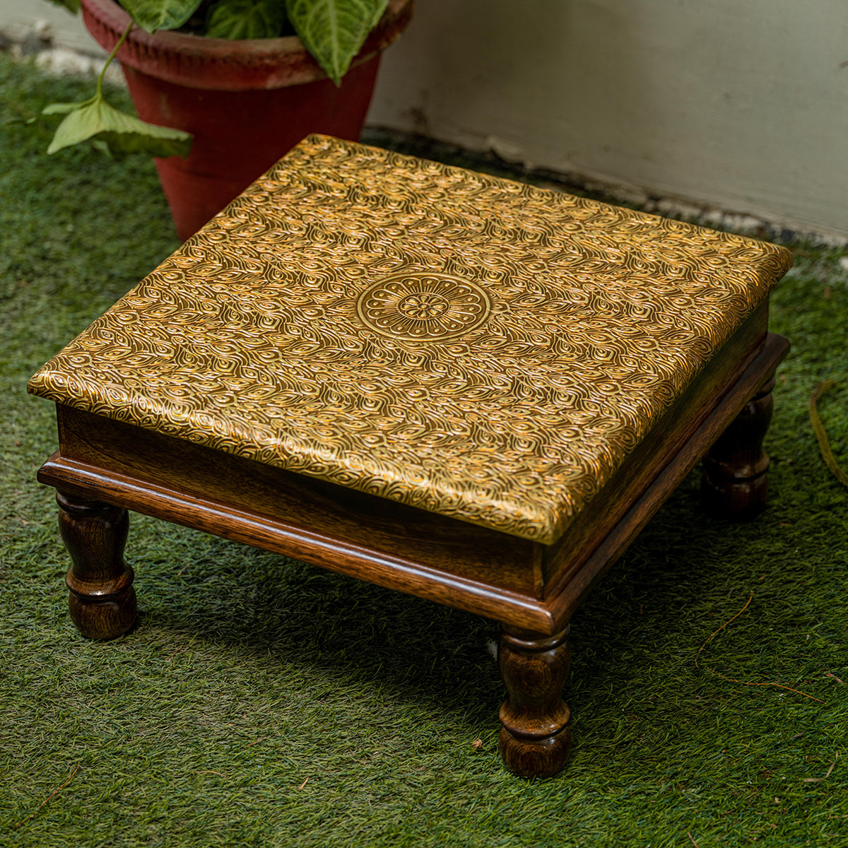 Wooden Stool | Low Height | Brown & Golden | 19 cm By Araana Home
