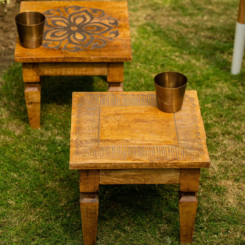 Lehar Chowki - Textured Wave-Design Wooden Chowki By Araana Home