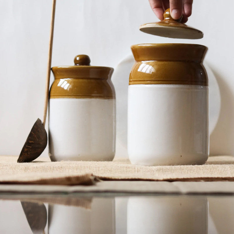 Ceramic Pickle Jar | 1500 ml | White & Brown | 1 pc