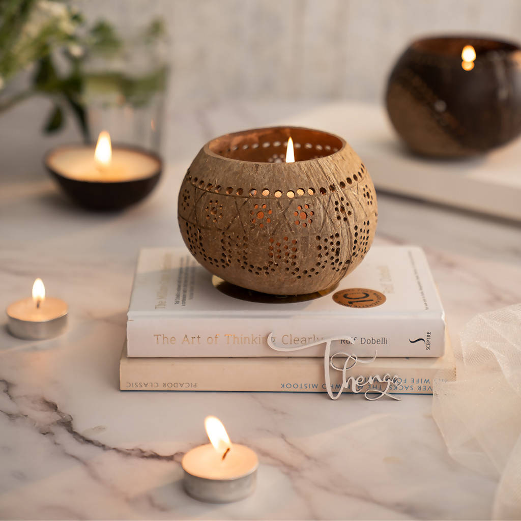 Eco Friendly Handcrafted Brown Coconut Shell Candle Holder By Thenga