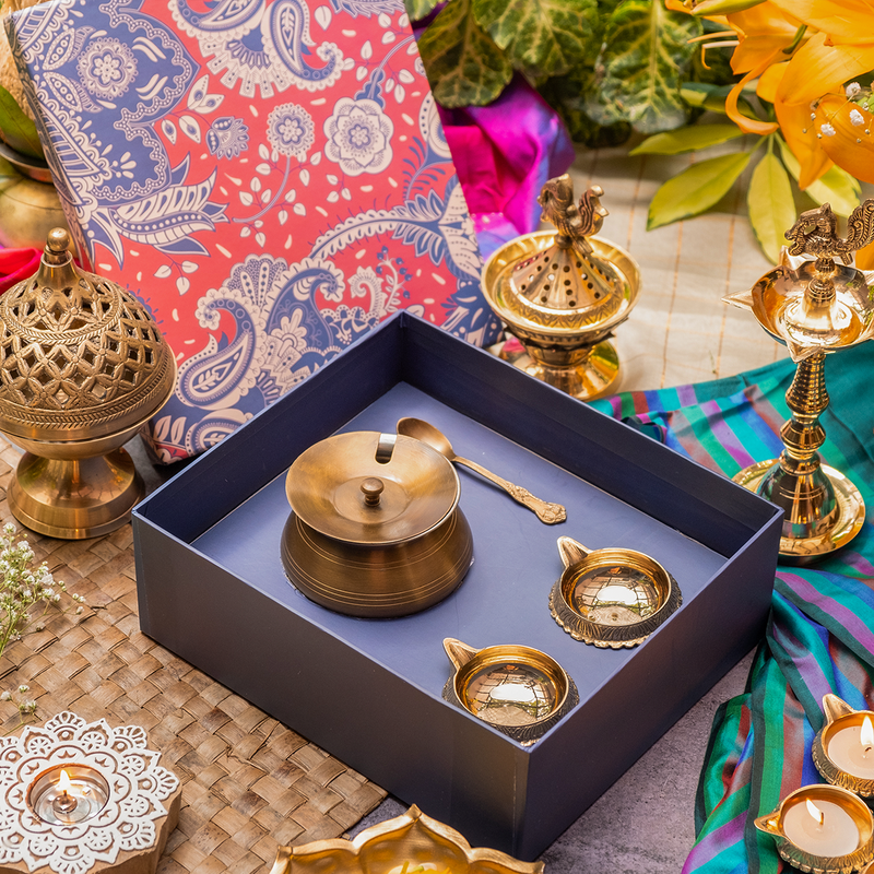 Brass Ghee Pot with Diyas | Gift Hamper | Set of 2 By Ambi