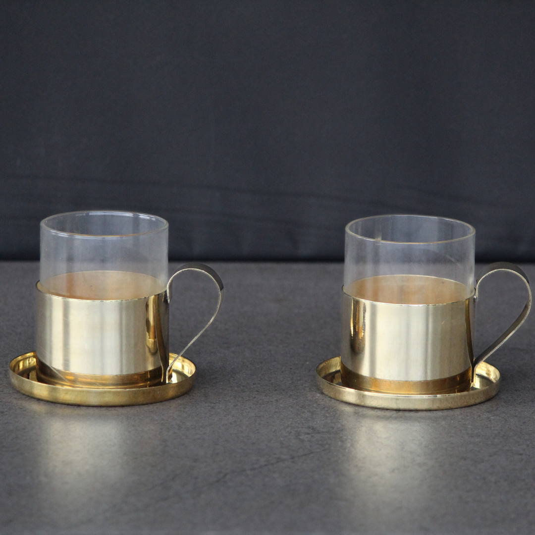 Brass Tea Cup and Saucer Set | Borosil Fitted Cups | Gold By Indian Bartan