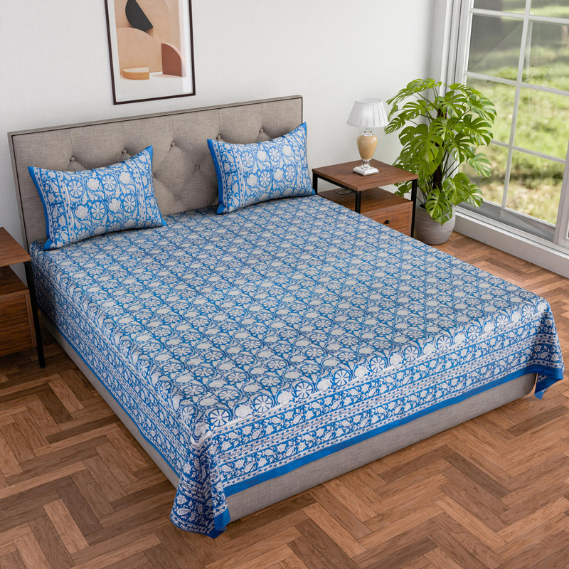 100% Cotton Hand Block Printed Double King Size Bedsheet With 2 Pillowcases (100X108 Inches) By Jaipur Dohar