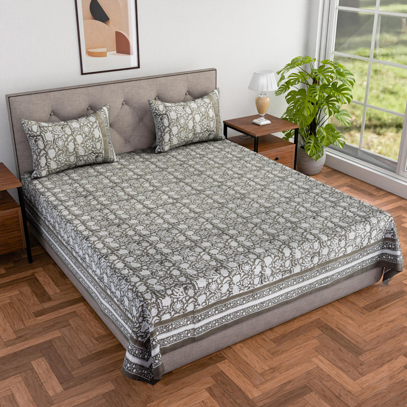 100% Cotton Hand Block Printed Double King Size Bedsheet With 2 Pillowcases (100X108 Inches) By Jaipur Dohar
