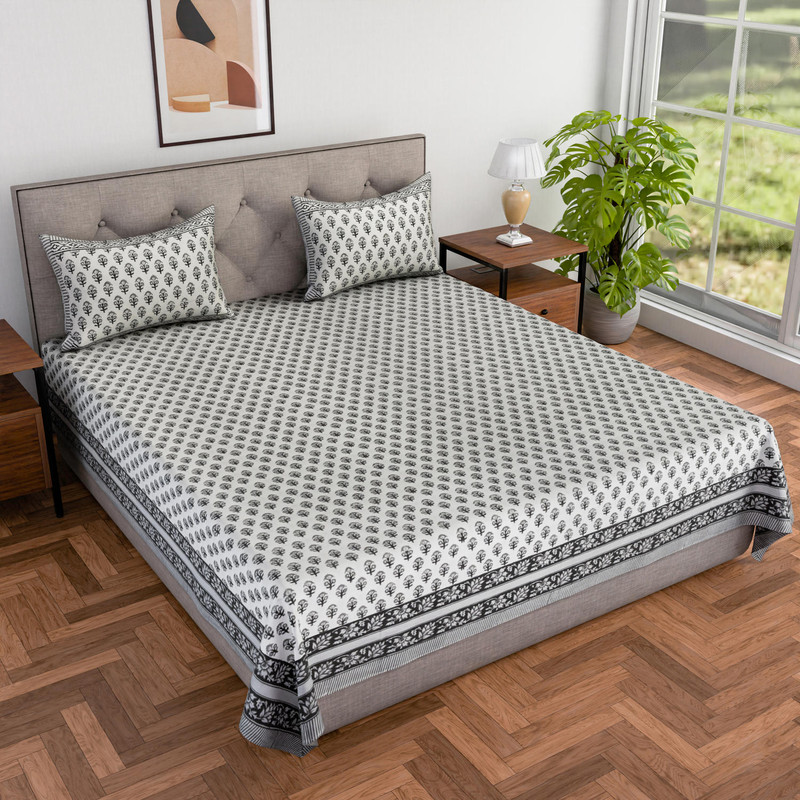 100% Cotton Hand Block Printed Double King Size Bedsheet With 2 Pillowcases (100X108 Inches) By Jaipur Dohar