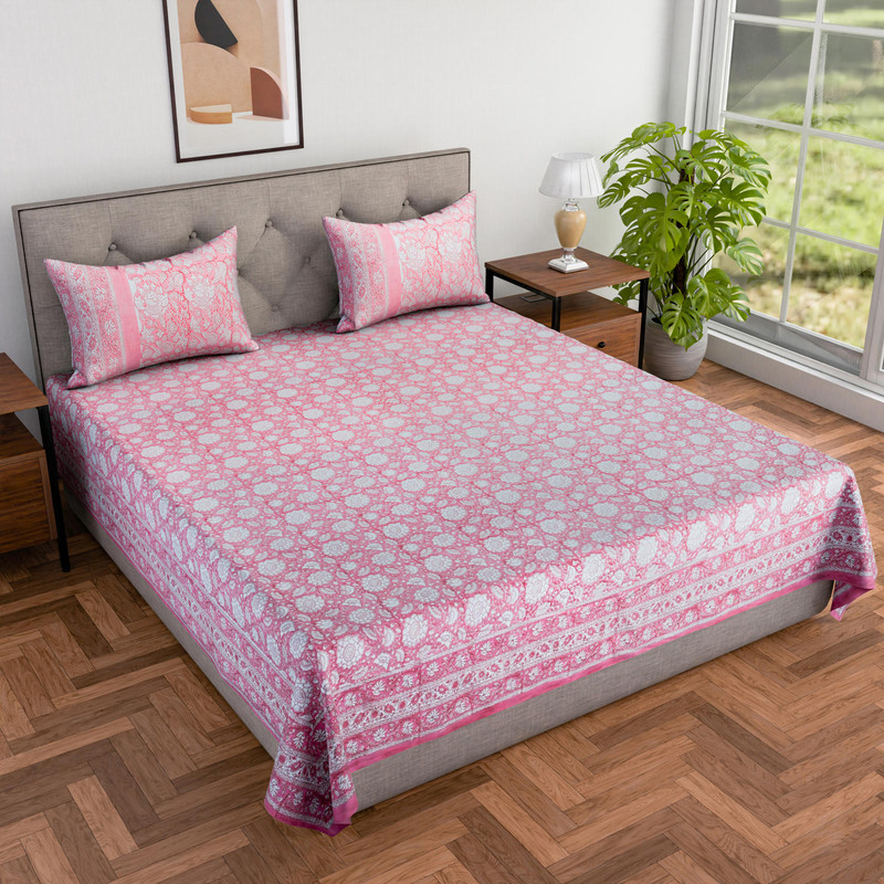 100% Cotton Hand Block Printed Double King Size Bedsheet With 2 Pillowcases (100X108 Inches) By Jaipur Dohar