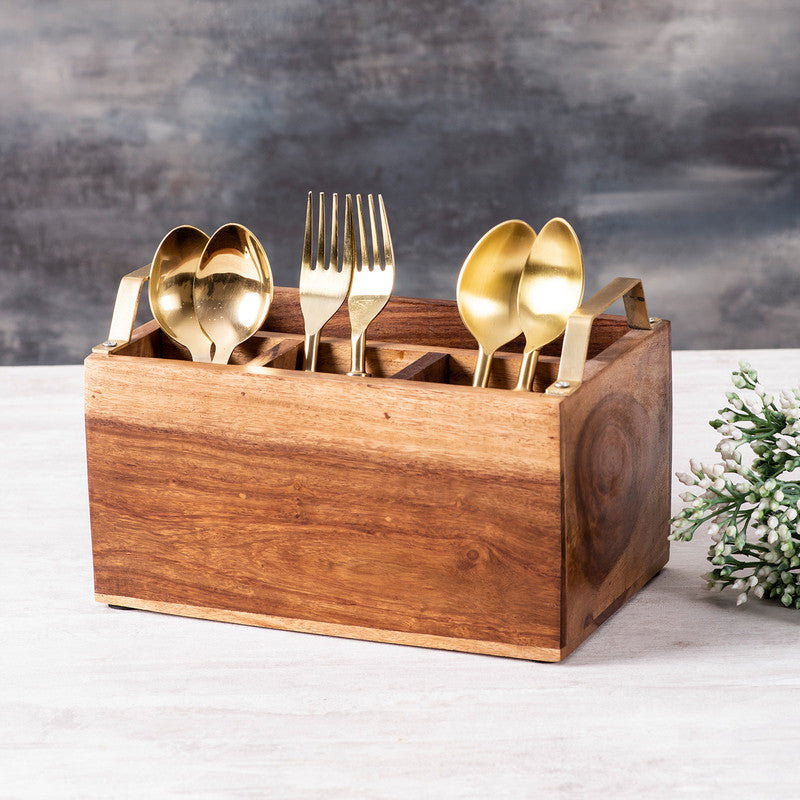 Teak Wood & Iron Teak Wood Cutlery Holder | Brown & Gold By Nestroots