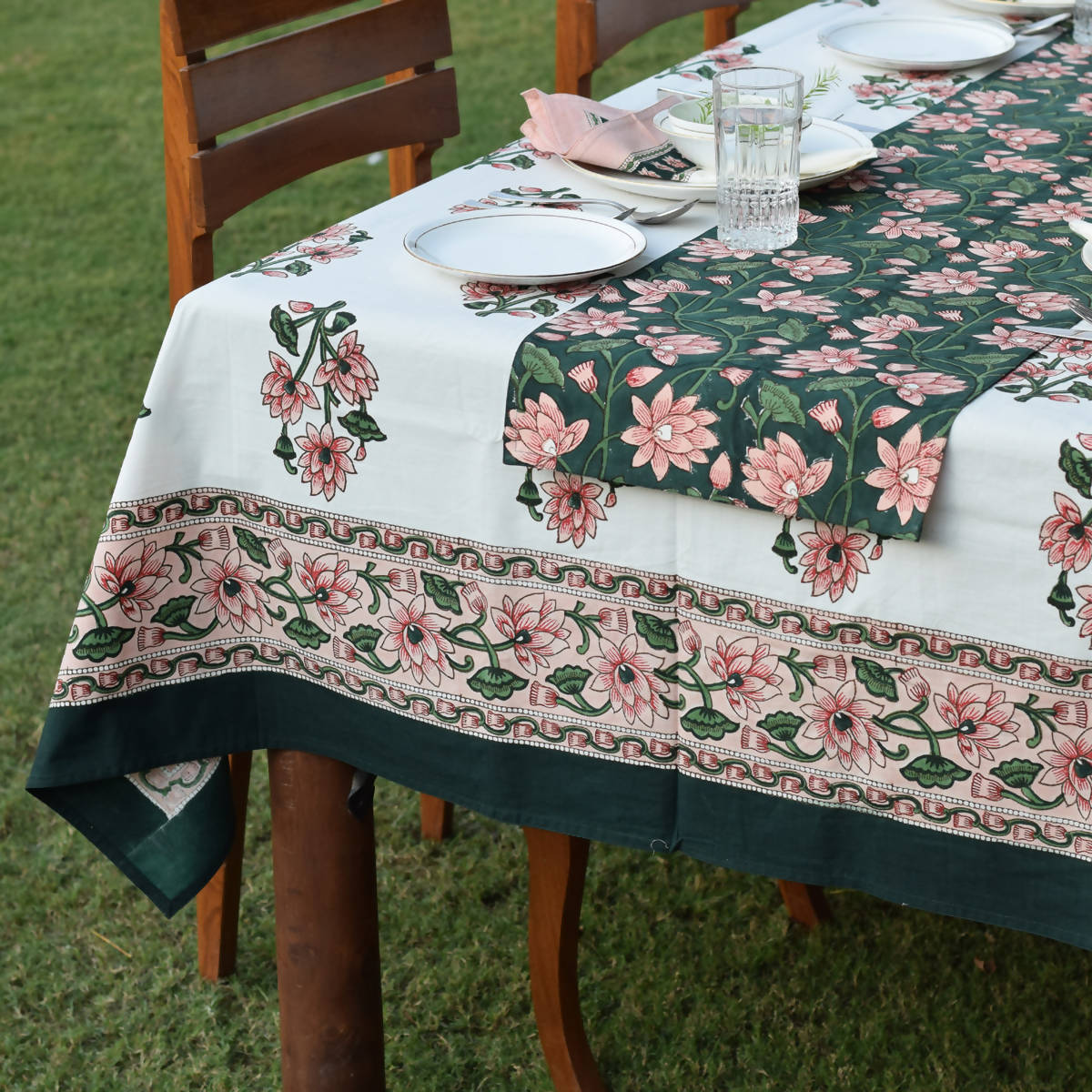 Handblock Printed |Cotton Table Cover | Pink & Green By Taru Jaipur